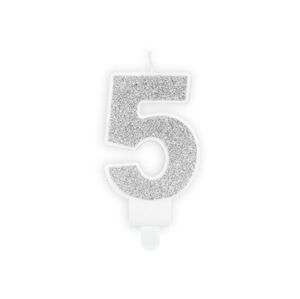 Narozeninová svíčka 5, stříbrná, 7 cm - PartyDeco