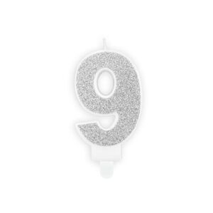 Narozeninová svíčka 9, stříbrná, 7 cm - PartyDeco