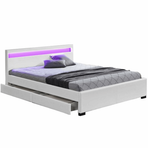 Tempo Kondela Manželská postel, RGB LED osvětlení, bílá ekokůže, 160x200, CLARETA