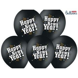 Balónky 30 cm metalické černé - Happy New Year - Silvestr - Partydeco