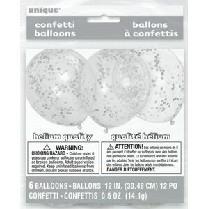 Balónky 6 ks 30 cm - průhledné s konfety stříbrnými - UNIQUE
