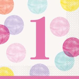 Ubrousky 1. narozeniny růžové s puntíky 16 ks - UNIQUE