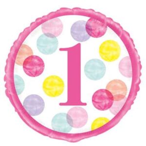 Balón foliový 1. narozeniny růžový s puntíky - 45 cm - UNIQUE
