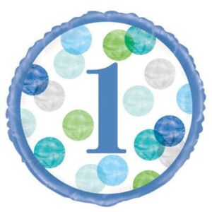 Balón foliový 1. narozeniny modrý s puntíky - 45 cm - UNIQUE