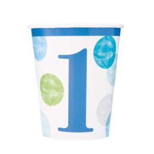 Papírové kelímky 1. narozeniny modré s puntíky 270 ml, 8 ks - UNIQUE