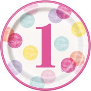 Talíře 1. narozeniny růžové s puntíky 8 ks - UNIQUE