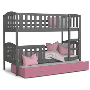 ArtAJ Dětská patrová postel Kubuš 3 | 190 x 80 cm Barva: šedá / růžová, s matrací, MDF