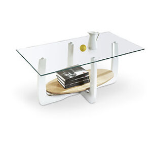 Konferenční stolek: HALMAR Rozália HALMAR - drevo: MDF biely/MDF dub sonoma, HALMAR - sklo/kov: sklo bezfarebne